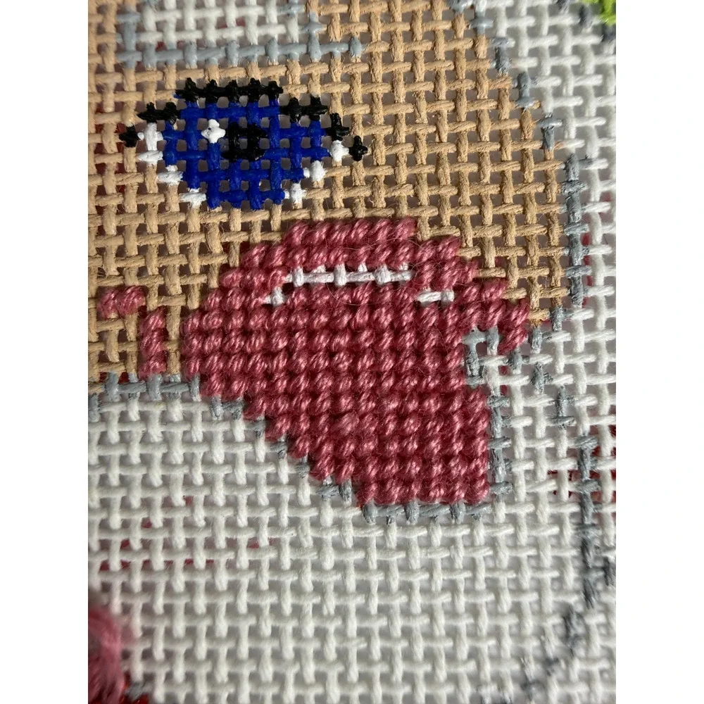 Needle Graphics Hand Painted Needlepoint Canvas Floral Santa Wreath Started WIP